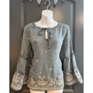 Fig and Flower Gray Blouse with Cream Embroidery